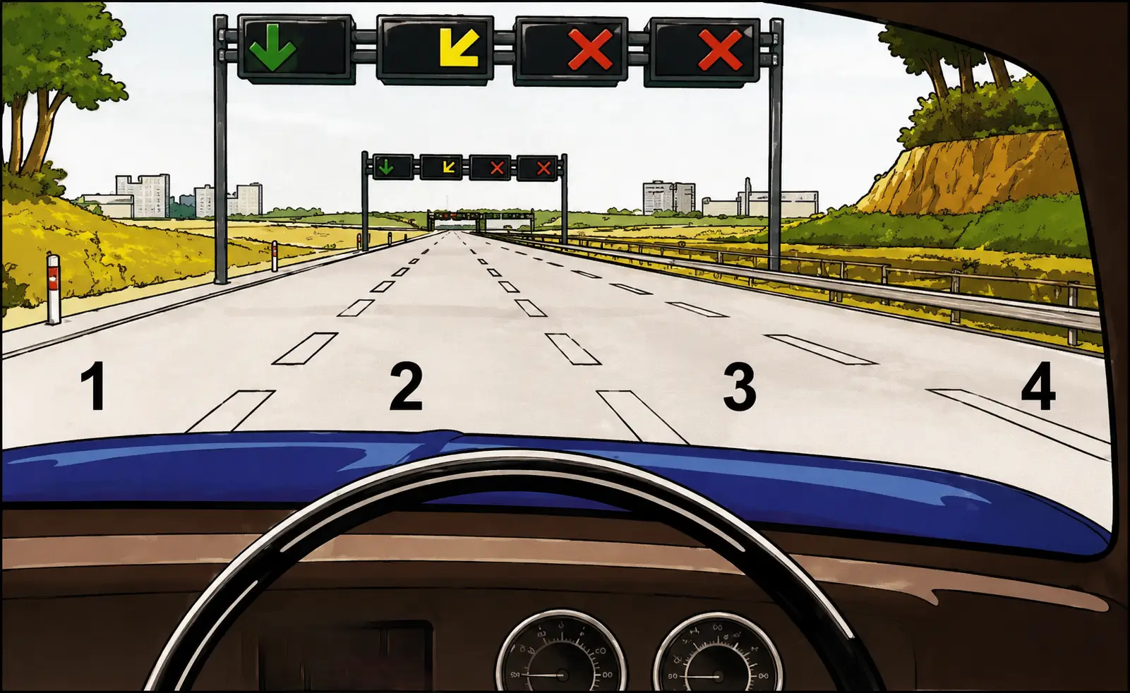 Overhead lane control signs showing green arrow for lane 1, yellow arrow for lane 2, red X for lanes 3 and 4